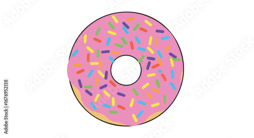 Stylized pink donut with vibrant sprinkles, a delightful confectionary treat illustration, simple vector graphic for sweet indulgence and cheerful