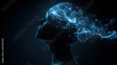 Mindscape: A digital depiction of a human silhouette dissolving into an intricate network of radiant blue light, symbolizing the complexities of thought, innovation and imagination.