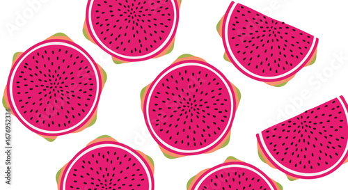 Vibrant Dragon Fruit Slices on White Backdrop Representing Tropical Delight and Refreshing Sweetness in Vivid Pink and Green Colors