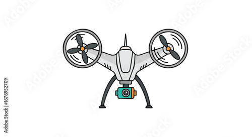 A cartoon illustration of a modern two-propeller drone equipped with a camera against a plain white background provides a simple and clean image