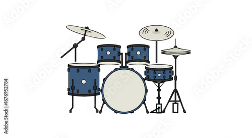 Isolated illustration of a complete drum kit with blue shells and metallic cymbals on a white background, perfect for music and rhythm themes