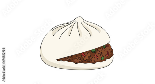 Whimsical illustration of a steamed bun filled with savory meat and vegetable mixture offers a stylized portrayal of a beloved asian cuisine staple