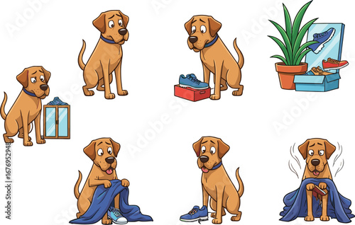 Funny cartoon dog caught hiding shoes, guilty puppy character, dog chewing sneaker, adorable pet illustration, shoe thief dog animation