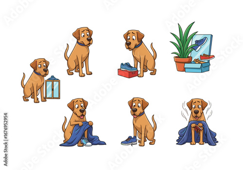 Funny cartoon dog caught hiding shoes, guilty puppy character, dog chewing sneaker, adorable pet illustration, shoe thief dog animation