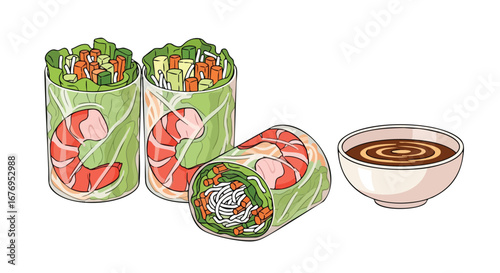 Vibrant shrimp spring rolls artfully arranged with a dipping sauce and visible fillings offering a fresh food illustration