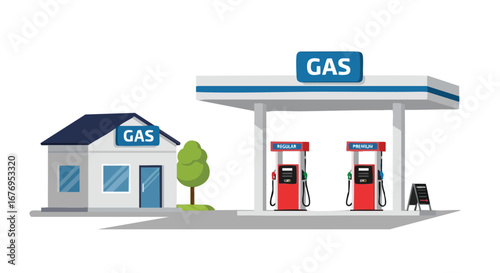 Simplified gas station illustration with pumps and convenience store design, a classic roadside stop for fuel and essential supplies, modern design