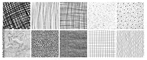 Set of hand drawn geometric patterns and textures. Cute minimalist textures with lines and blots. Monochrome graphic design elements and decorative backgrounds
