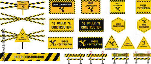 under construction set. screwdriver and wrench repair sign. Diagonal Black and Yellow Striped Warning. Road barrier icon. Yellow Warning Ribbons
