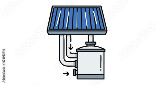Solar thermal system diagram showing water heating process with panel and storage tank in clean minimalist style illustration