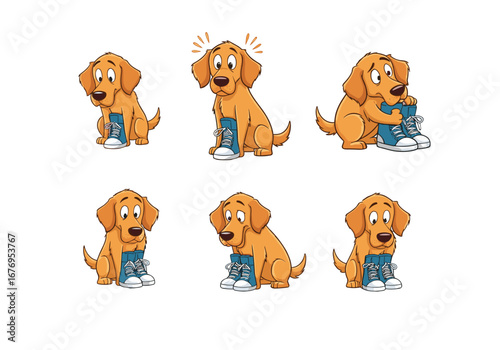 Cute cartoon dog playing with shoes, funny puppy illustration, adorable pet sitting with sneakers, dog chewing shoes, playful animal character