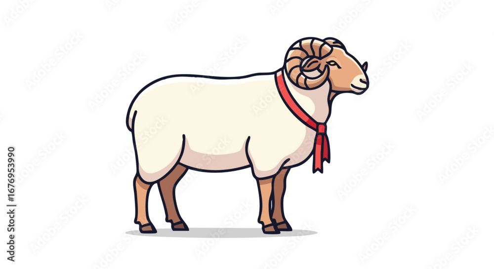 Fototapeta premium Cartoon Ram Illustration with Red Ribbon: A charming depiction of a ram adorned with a red ribbon, offering a touch of whimsical sophistication in