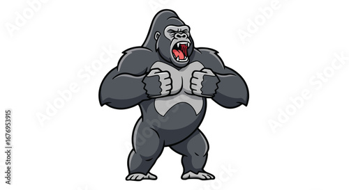 Cartoon gorilla with muscular physique roaring aggressively, ready for confrontation isolated on a white canvas displaying power and raw animal