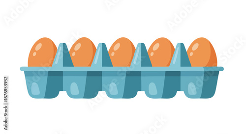 Stylized depiction of a carton holding brown eggs, presenting food staples in a simple yet appealing way and clean background making focus to the eggs