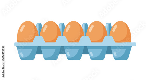 Illustrated egg carton filled with five brown eggs, ready for breakfast or a baking project, with clean studio style illustration