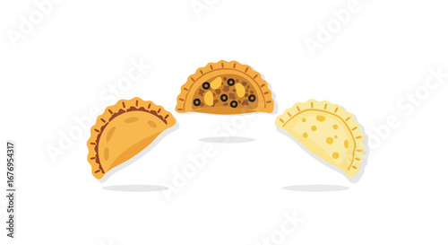 Three delightful hand pies showcase diverse fillings and golden crusts against clean background, an inviting still life composition