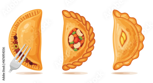 Three Flavors of Culinary Delights: An Empanada Illustration with Different Fillings and a Silver Fork