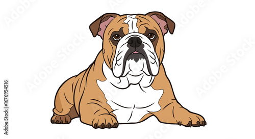 Charming illustration of a brown and white bulldog lounging against a clear white backdrop showcasing its unique features and robust physique