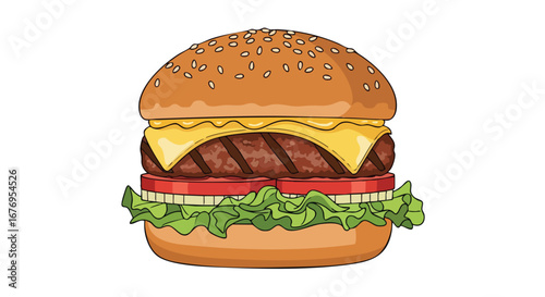 Detailed digital illustration of a juicy burger, showcasing fresh ingredients and vibrant colors on a white backdrop ideal for menus