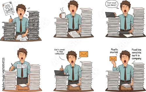 Stressed office worker overwhelmed with paperwork, tired businessman yawning, busy employee with piles of documents, work overload, office stress illustration