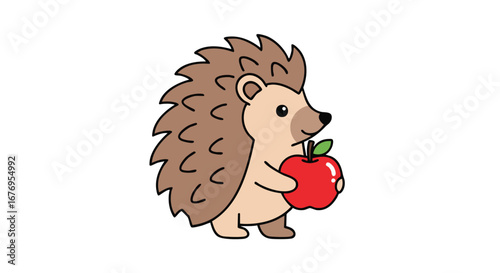 Whimsical hedgehog character clutching a bright red apple with delicate green leaves creating a delightful illustration 150 characters