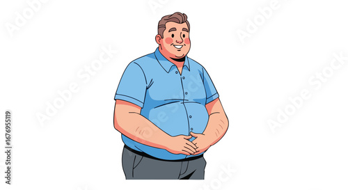 Cartoon illustration of a cheerful and confident man standing with crossed hands in casual attire and a friendly smile portraying approachable