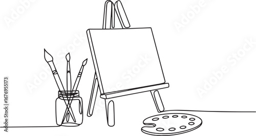 Continuous one line drawing of canvas palette and paintbrushes in jar in minimalist vector illustration style