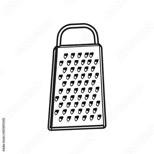 Cheese Grater Illustration: A simple black and white line drawing of a standard cheese grater, a kitchen utensil used for grating food. 