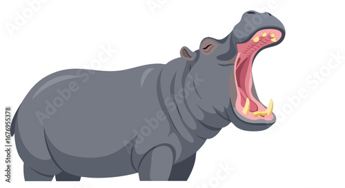 Cartoon Hippopotamus with Wide Open Mouth Isolated on White Backdrop in Vector Format Displaying Large Teeth and Pink Interior Highlighting
