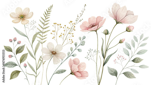 Watercolor wildflower floral set – beige, ivory, dusty pink flowers with sage green leaves, minimal modern botanical illustration, clipart isolated on white.
