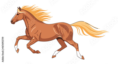 Illustrative depiction of a light brown horse with a flowing mane in full gallop on a pristine white background with dynamic motion