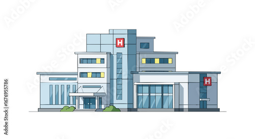 Architectural rendition displaying a modern hospital facade, highlighted by crisp lines and a symbolic health emblem, signifying medical care