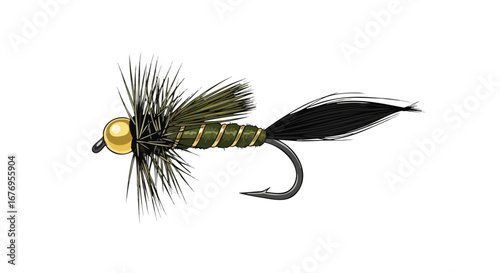 Detailed depiction of an olive nymph fly, showcasing intricate feather work and golden accents for angling enthusiasts