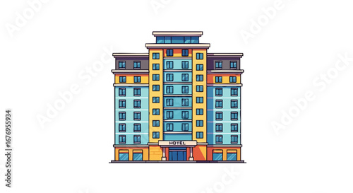 Cartoon illustration of a high rise hotel with blue and yellow accents set against a white backdrop creating a clean and modern aesthetic
