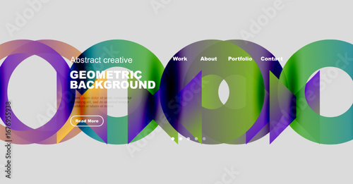 Colorful abstract shapes form dynamic background. Text elements present work, about, portfolio, contact options. Button invites further exploration.