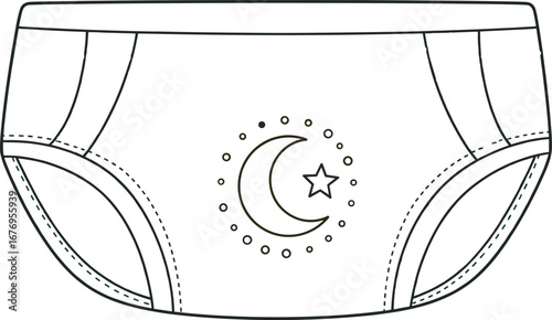 Children's underwear vector, black and white illustration, moon and star design, kids briefs front view, minimal line art, stitched detail