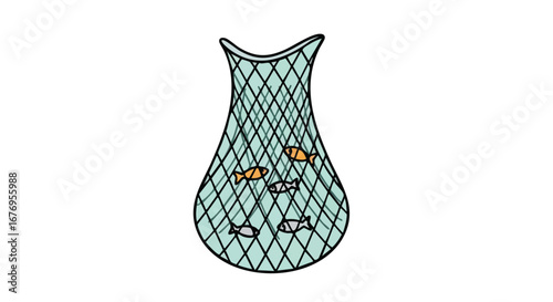Illustrative depiction of fishing net capturing fish, isolated against a pristine backdrop offering thematic marine conservation representation