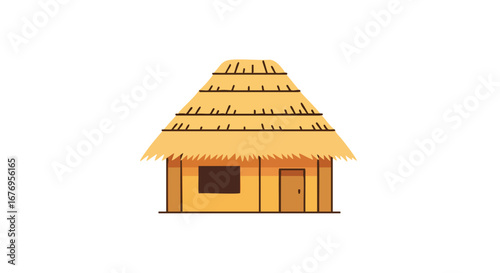 Stylized thatched roof hut illustration representing tropical architecture and minimal living style, focusing on island culture and simple dwelling