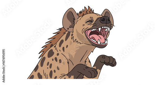 Cartoon hyena with open mouth displaying sharp teeth, isolated on a pristine white background, an animated character exhibiting a distinct expression