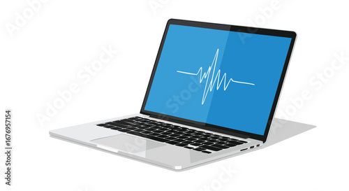 Laptop displaying a graphic waveform on its screen, showcasing audio analysis or data representation on a sleek device intended for modern design