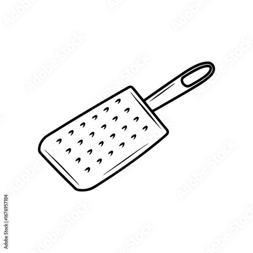 Grater: A simple illustration of a cheese grater, a kitchen utensil for grating ingredients with a handle for ease of use.
