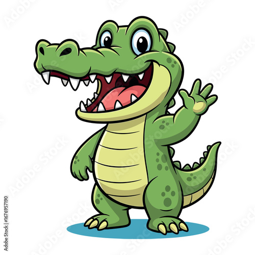 Adorable cartoon alligator waving friendly greeting cartoon animal character for kids educational content vector