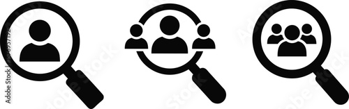 Three black magnifying glass icons with people silhouettes inside search find
