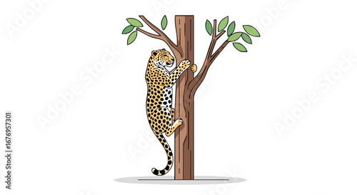 Leopard ascending a tree trunk illustration for children's book design with leafy branches and playful feline agility depicted in a charming cartoon