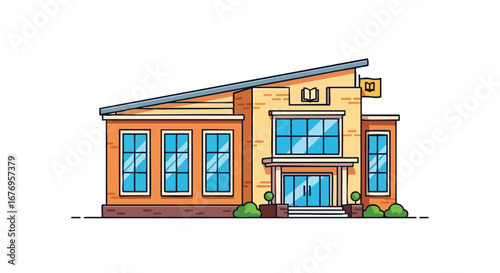 Stylized architectural rendering of a scholastic building with vibrant color scheme and linear design elements embodying a center for educational