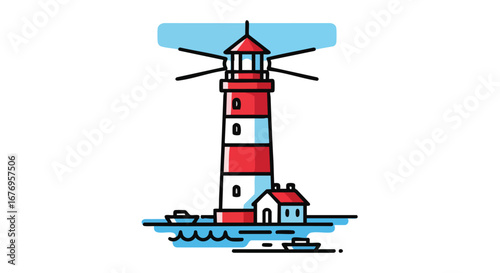 Charming Lighthouse Illustration with Coastal Elements, Perfect for Nautical Themed Designs or Children's Illustrations featuring serene coastal