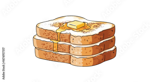 Cartoonish representation of stacked toast slices, topped with butter and dripping honey illustration displaying breakfast indulgence depiction