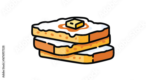 Stack of buttered cartoon toast with syrup drizzle for breakfast or dessert, isolated on white background, simple illustration style