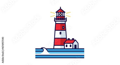Stylized lighthouse illustration with a nautical theme on a calm ocean backdrop portraying navigation