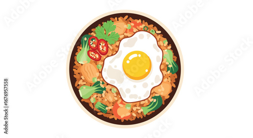 Delicious fried rice with fried egg cartoon illustration perfect for culinary blog or cookbook illustration and food-themed designs
