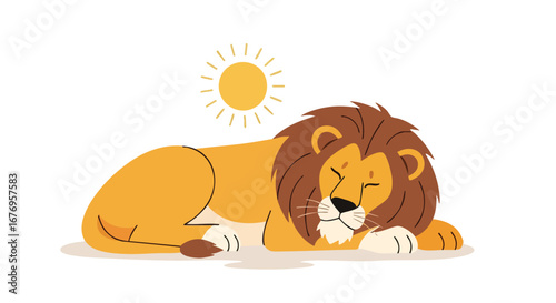 Illustration of a serene lion napping peacefully under the shining sun in a whimsical style